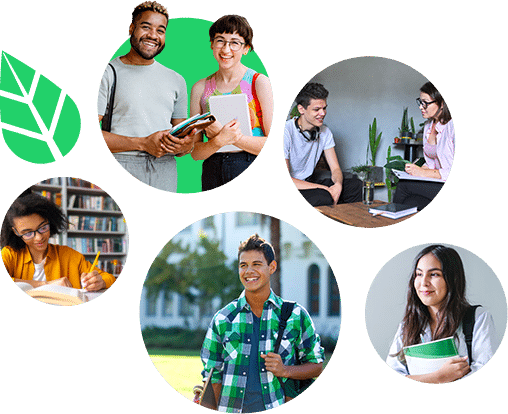 Collage of several students in different study-related scenarios, with a graphic element of Prepory's leaf. The students are depicted in various activities, such as reading books, studying at a desk, and walking on a campus.