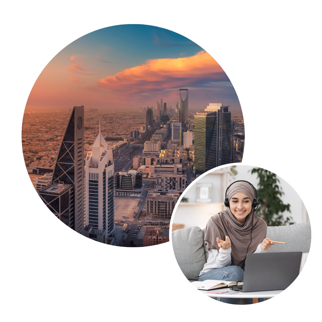 Picture of Saudi Arabia and a Saudi student on a laptop attending a college counseling virtual session