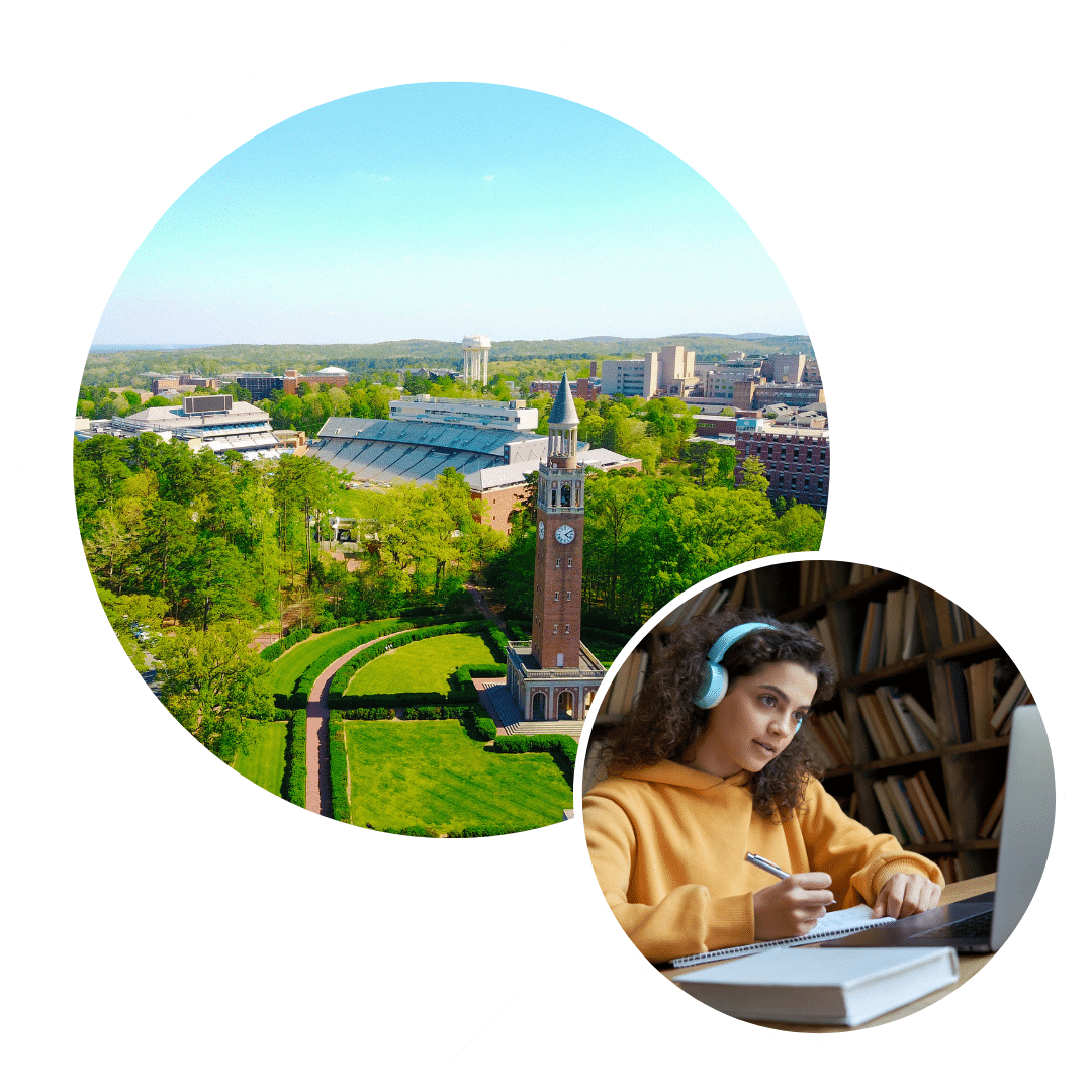 Picture of UNC Chapel Hill and a girl working on her college applications
