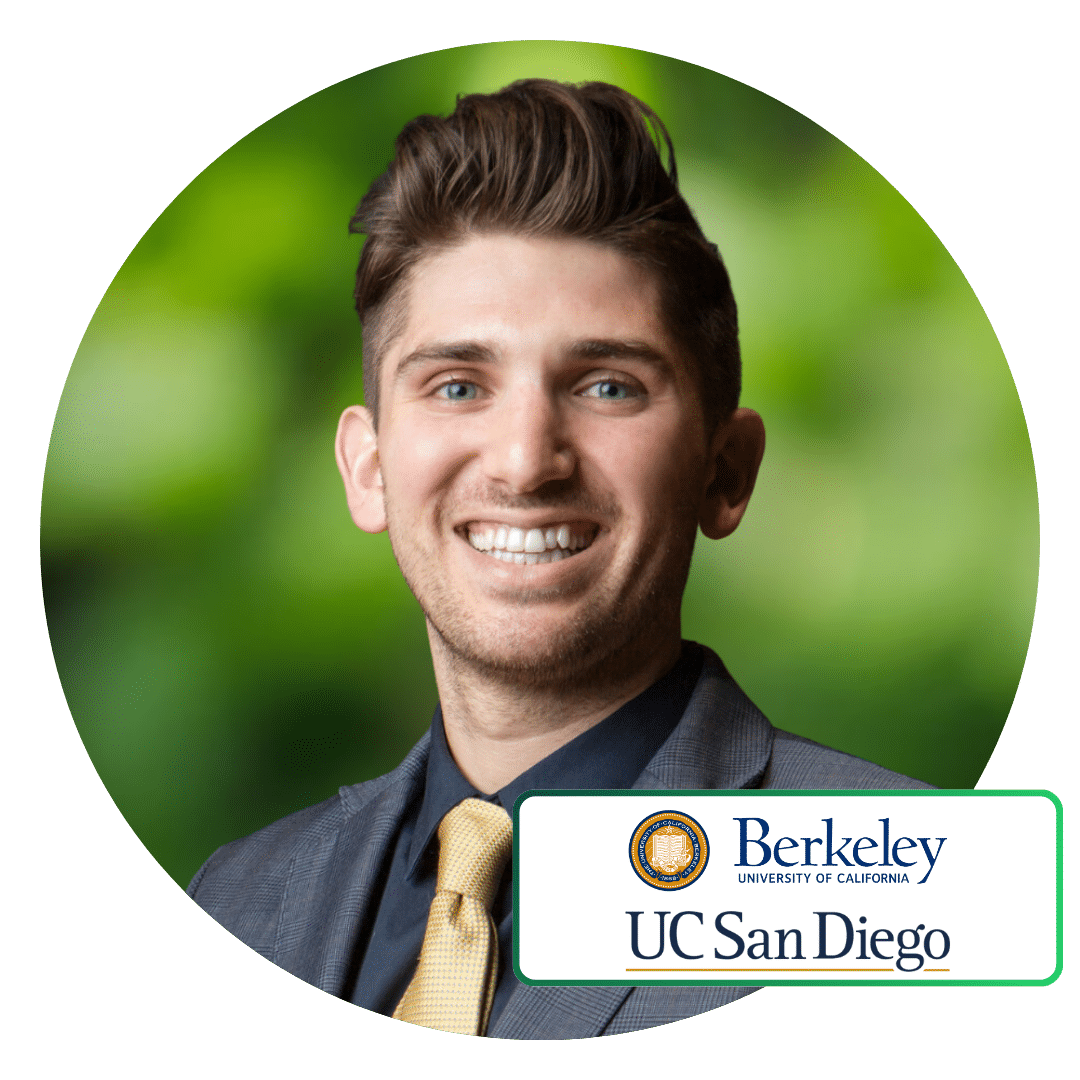 Prepory coach, Sam, and the UC Berkeley logo and UC San Diego logo