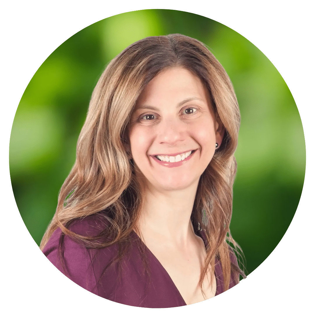 Circle cutout against dark green leaves of Prepory Coach Ali R's headshot