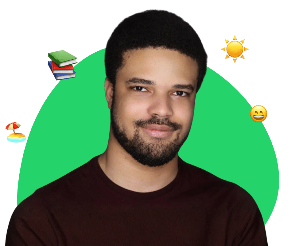 Prepory Coach Christian C headshot against green background with books emoji, beach emoji, sun emoji, and smiling emoji