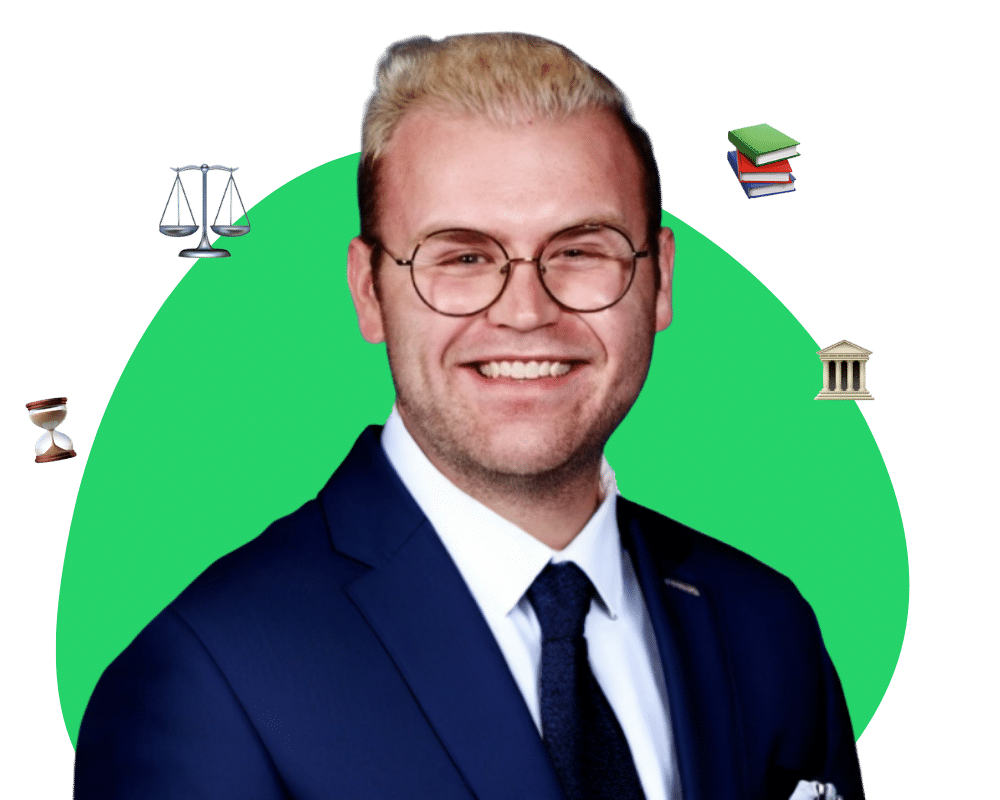 Prepory Coach Peter headshot against green background with books emoji, scale emoji, timer emoji, and courthouse emoji