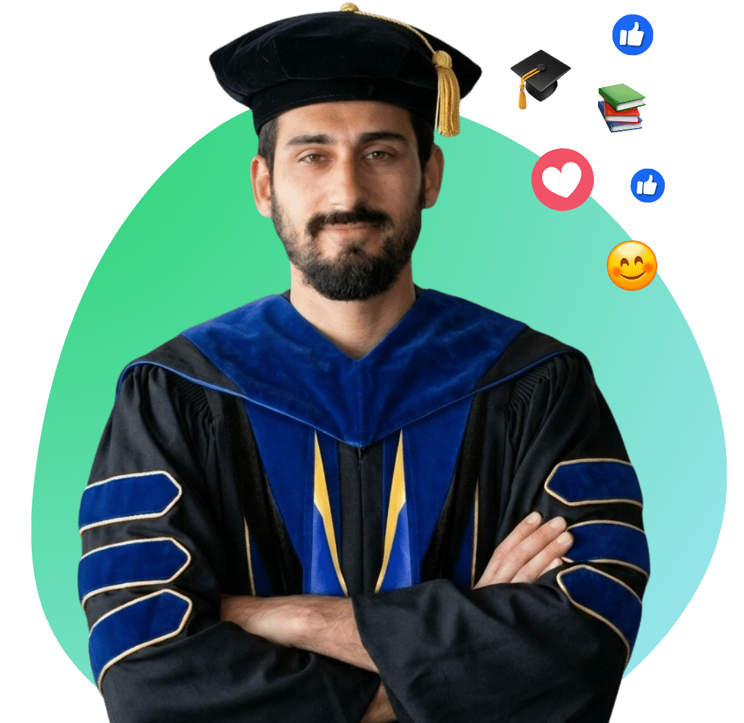 Prepory PdD student smiling wearing his regalia for his graduation