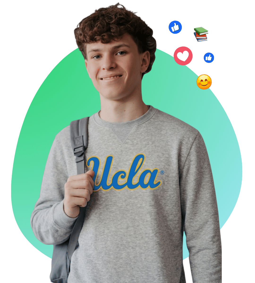 Prepory student smiling with a backpack wearing his UCLA sweatshirts
