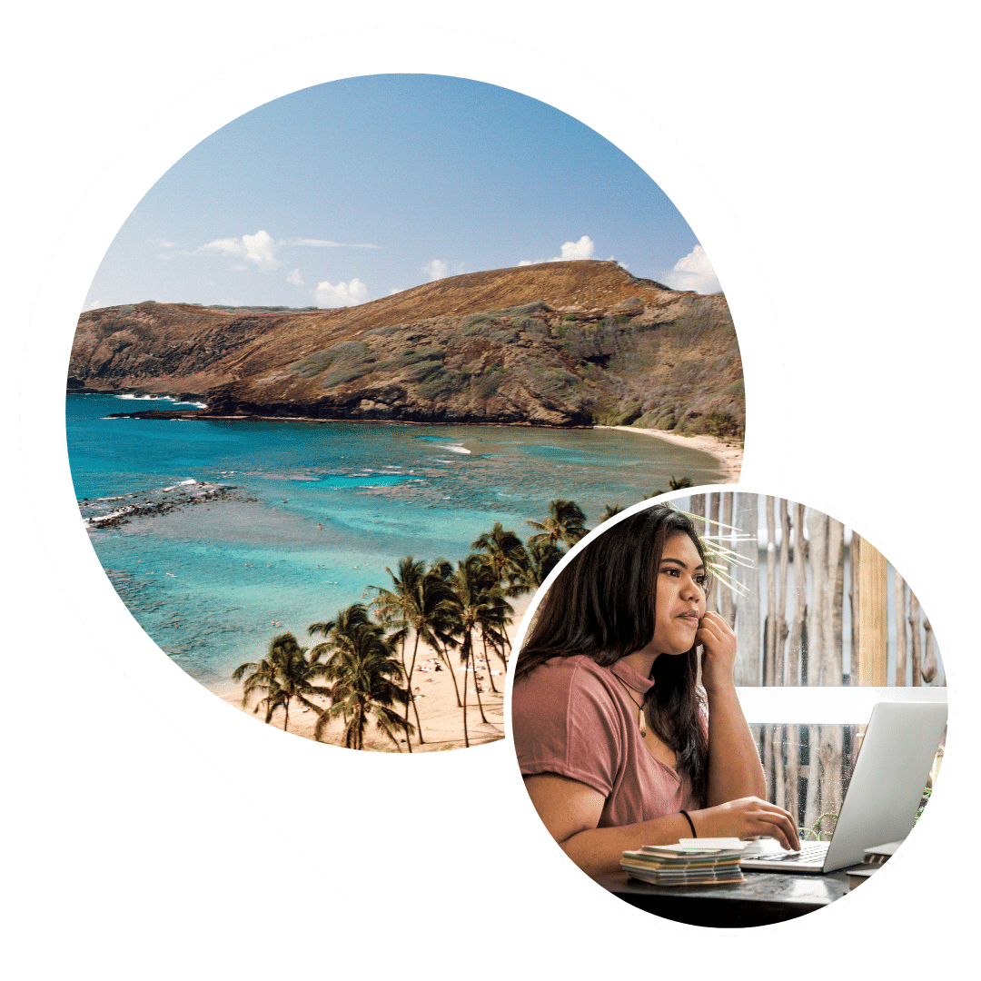 Hawaiian student working on her college application against a picture of Hawaii