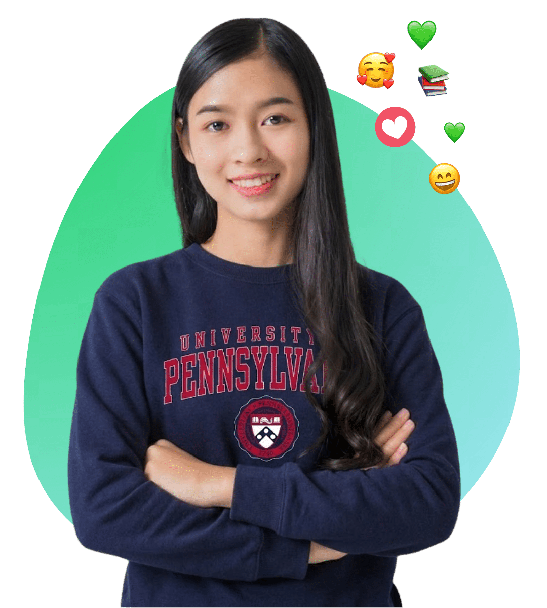 Prepory transfer student smiling wearing her UPenn sweatshirt with her arms crossed
