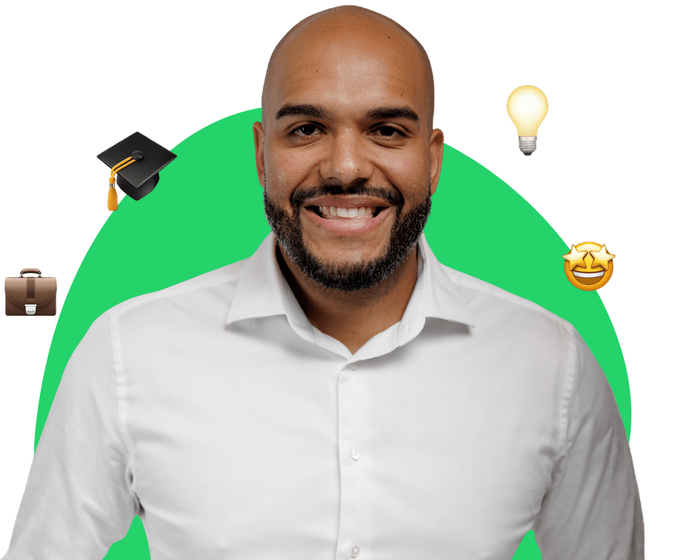 Headshot of Daniel with light green background and grad cap emoji, briefcase emoji, lightbulb emoji, star eyes emoji