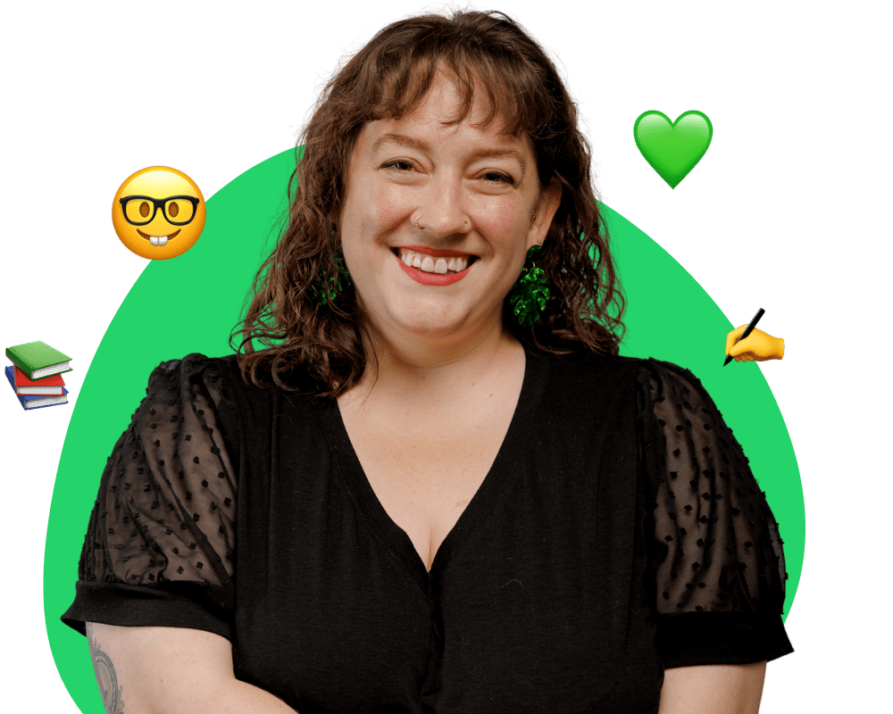 Orlando Host Taylor Taylor headshot with light green circle overlay and nerd emoji, stacked books emoji, green heart emoji, writing emoji
