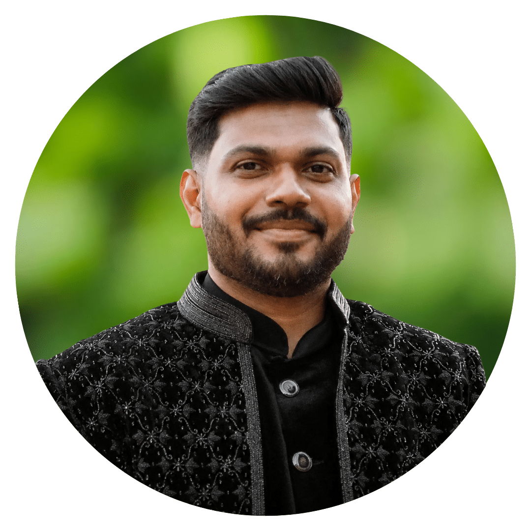 Circle cutout of Farhan M.'s professional headshot, with a background of leaves