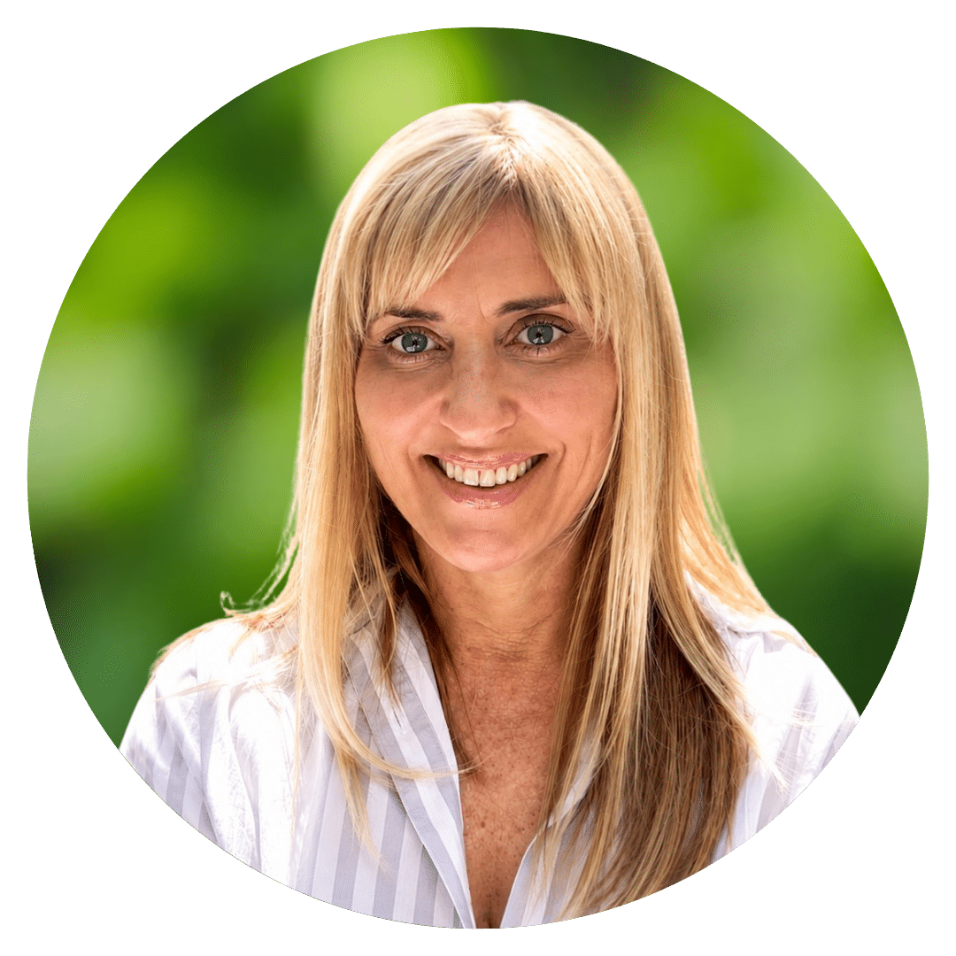 Circle cutout of Jen B.'s professional headshot, with a background of leaves