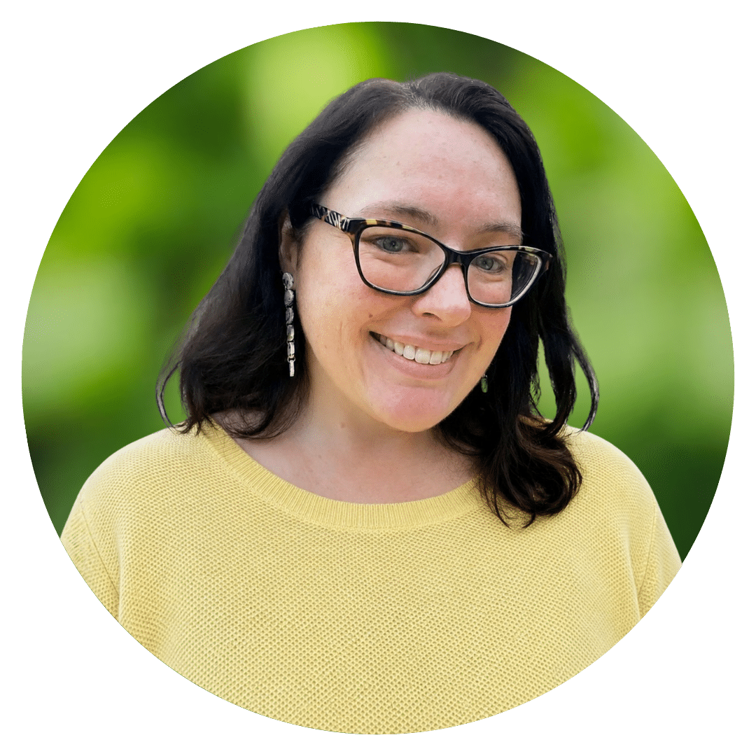 Circle cutout of Jennifer M.'s professional headshot, with a background of leaves